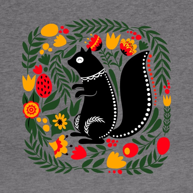 Folk Art Squirrel with Bright Flowers and Leaves by Pixelchicken